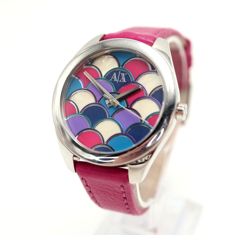 Armani Exchange Pink Colorful MOP Fish Scale 36mm Watch Leather with New Battery